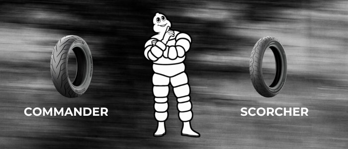 Comparativa de neumáticos Michelin Commander vs Scorcher montados en una moto custom, mostrando sus diferencias de dibujo.