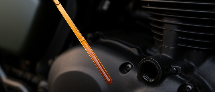 Varilla de aceite de moto mostrando diferencia entre aceite limpio y aceite sucio