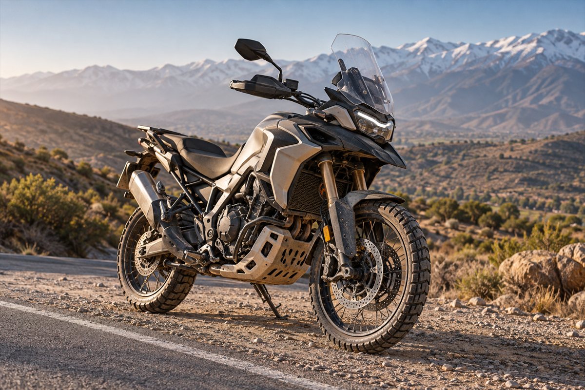 Moto trail adventure equipada con neumáticos mixtos en un camino de montaña en Chile